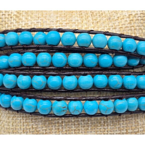 Victoria Emerson Blue Turquoise Stone Beads Brown Leather Cord Wrap Bracelet 36" - Picture 2 of 11
